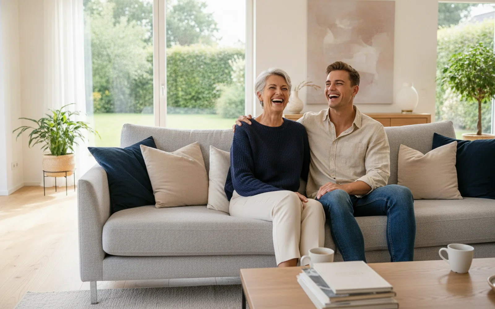 Großmutter und Enkelin lachen gemeinsam: Blick in den Raum