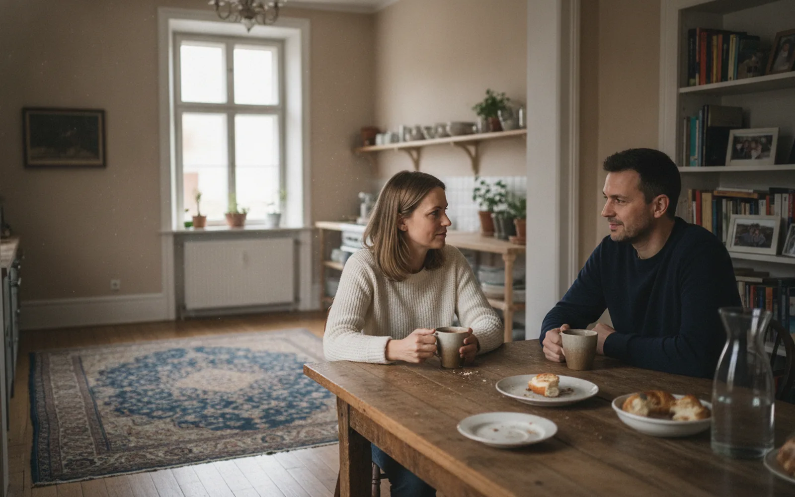 Geschwister im Gespräch am Küchentisch: Blick in den Raum
