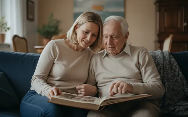 Tochter und Vater lachen über ein Fotoalbum