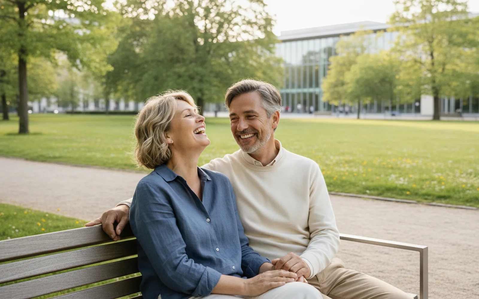 Paar lacht auf einer Parkbank: Blick in den Raum