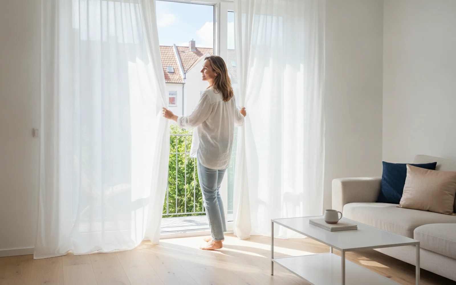 Frau öffnet die Vorhänge in einem hellen Wohnzimmer: Blick in den Raum