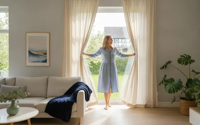 Frau öffnet die Vorhänge in einem hellen Wohnzimmer
