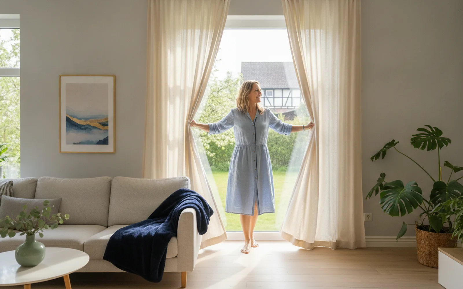 Frau öffnet die Vorhänge in einem hellen Wohnzimmer