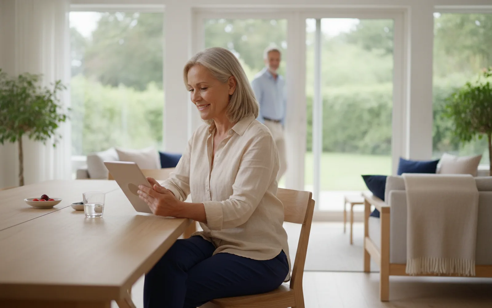Frau prüft ihre Finanzen auf dem Tablet: Blick in den Raum