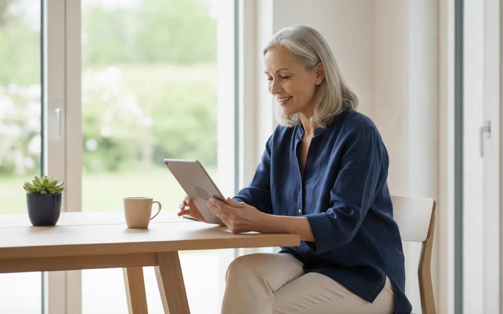 Frau prüft ihre Finanzen auf dem Tablet