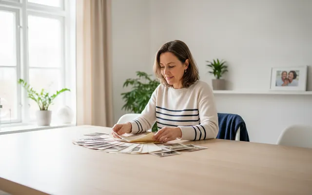 Frau sortiert Familienunterlagen