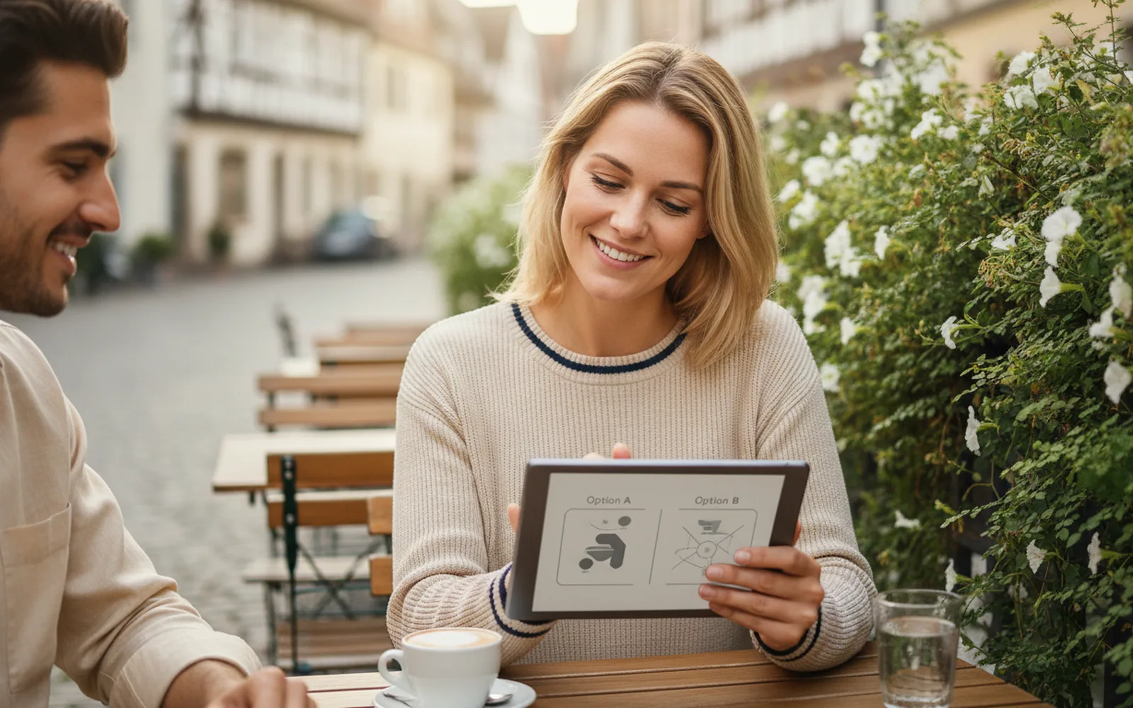 Frau vergleicht zwei Angebote auf dem Tablet