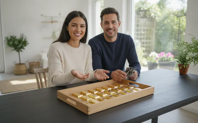 Kleine Goldbarren in einer Holzschale