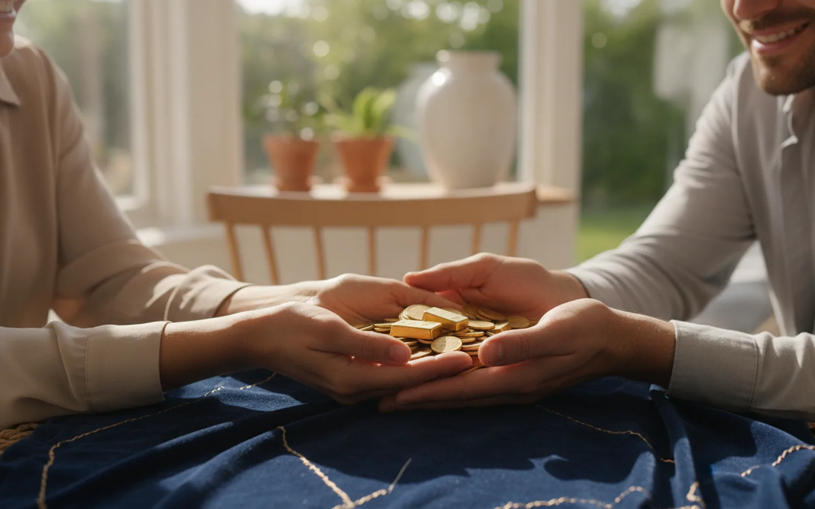Hände halten kleine Goldbarren und Münzen: Details