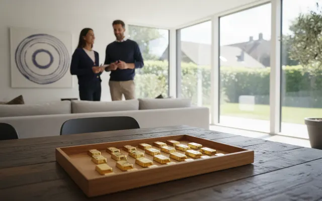 Kleine Goldbarren in einer Holzschale