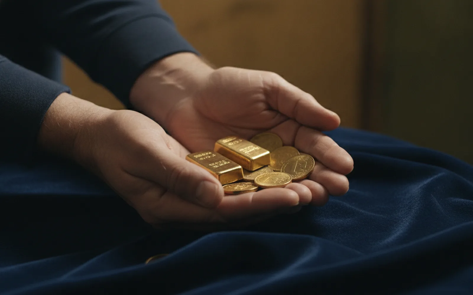 Hände halten kleine Goldbarren und Münzen