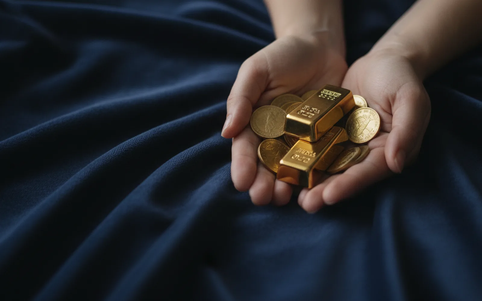 Hände halten kleine Goldbarren und Münzen: Details