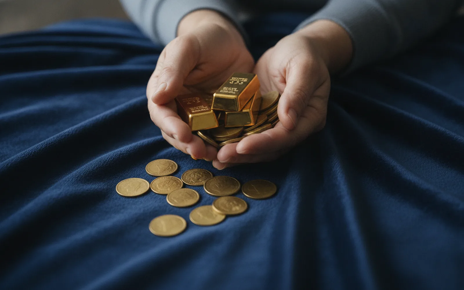 Hände halten kleine Goldbarren und Münzen