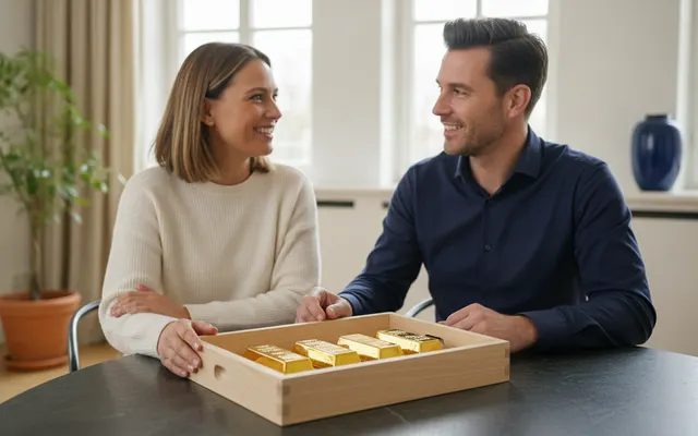 Kleine Goldbarren in einer Holzschale