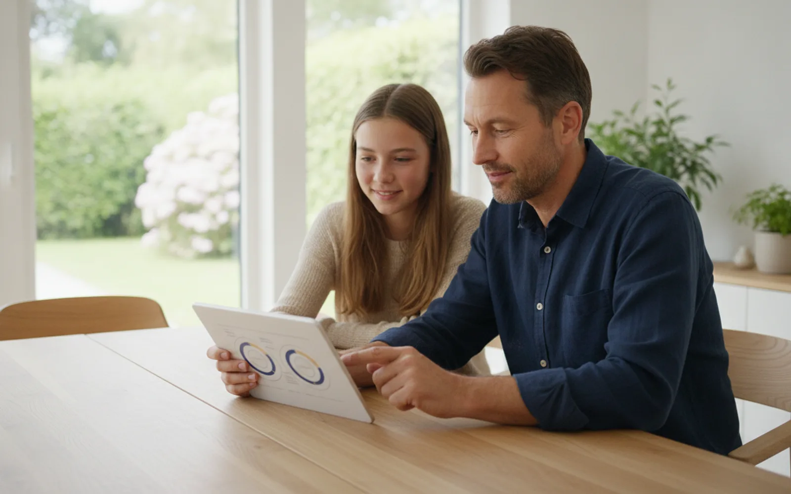 Mann Ende vierzig und Tochter im Teenageralter schauen gemeinsam auf ein Tablet: Details
