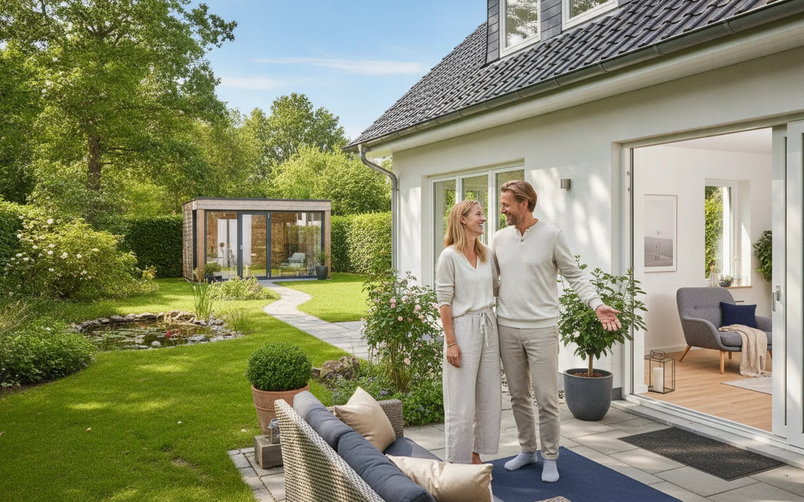 Einfamilienhaus mit Garten bei Sonne: Blick in den Raum