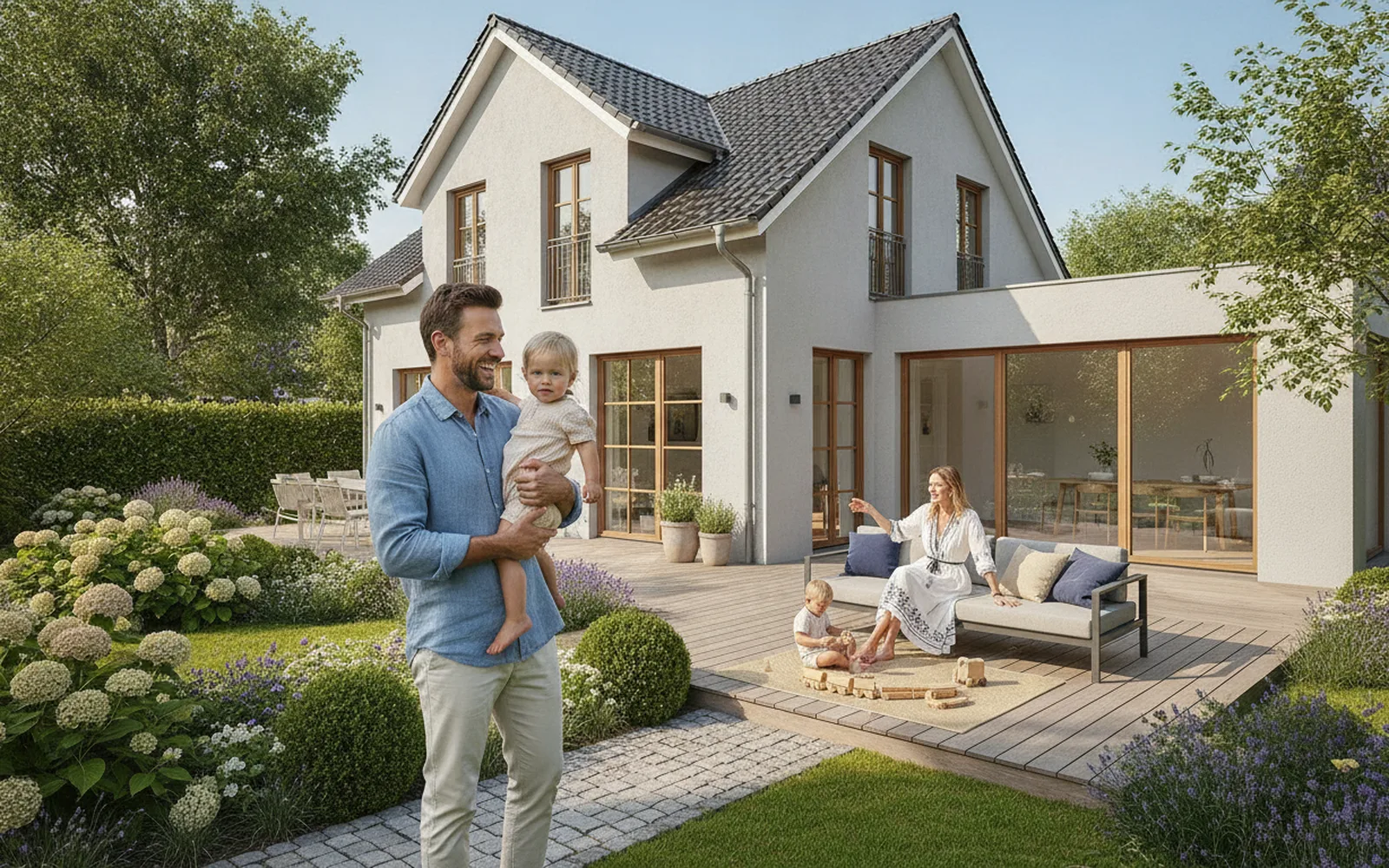 Einfamilienhaus mit Garten bei Sonne