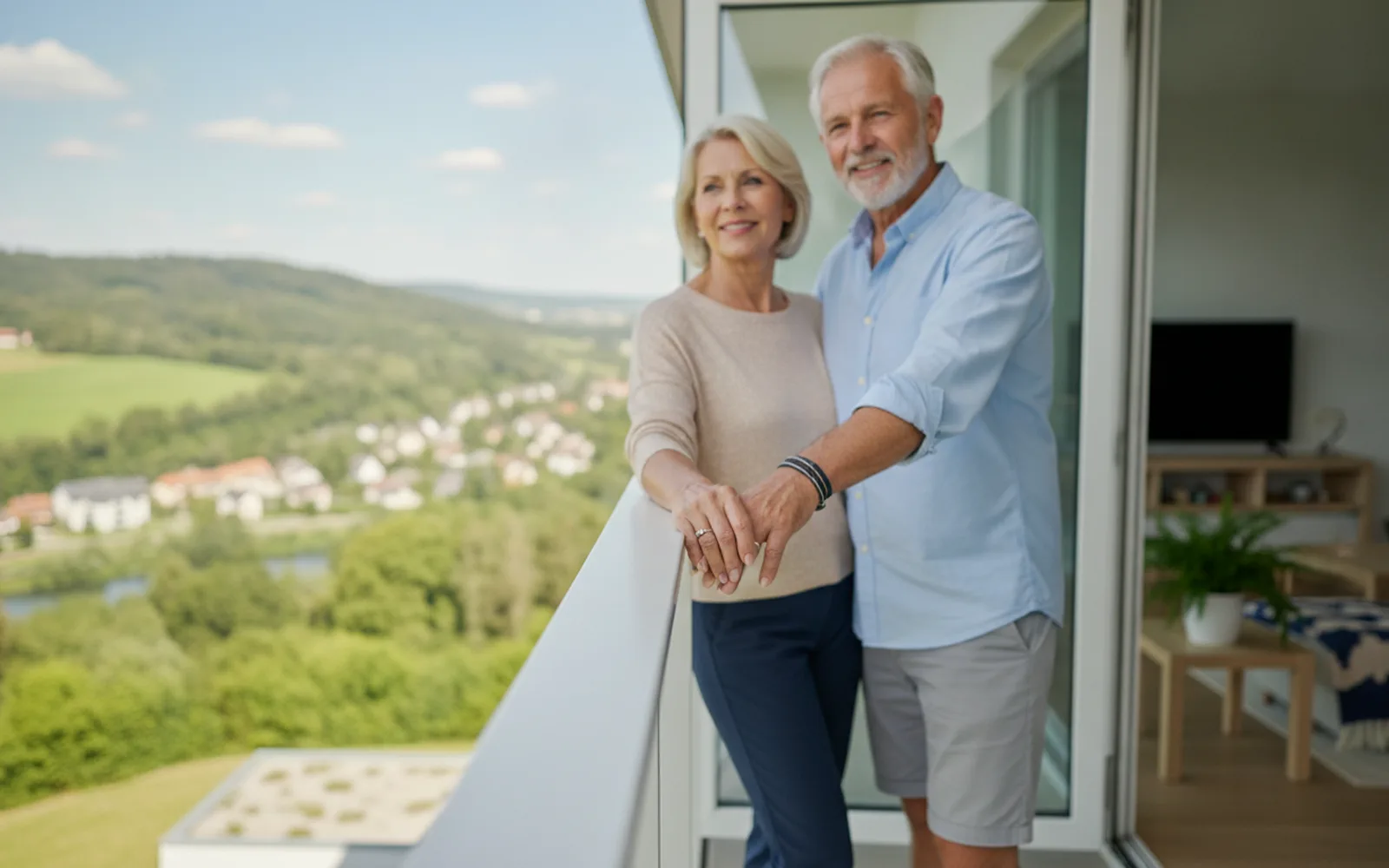 Paar genießt den Balkon der neuen Wohnung: Details