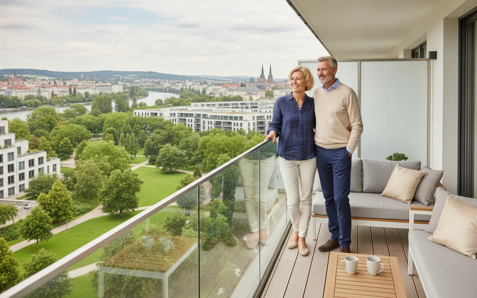 Paar genießt den Balkon der neuen Wohnung: Blick in den Raum
