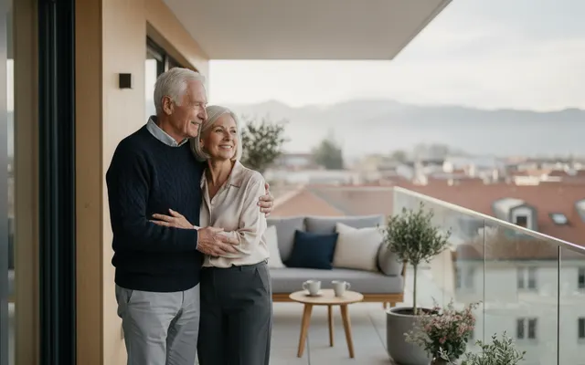 Paar genießt den Balkon der neuen Wohnung