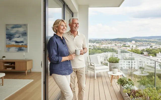 Paar genießt den Balkon der neuen Wohnung