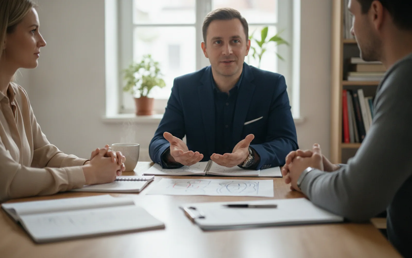 Beratungsgespräch in einem hellen Büro: Details