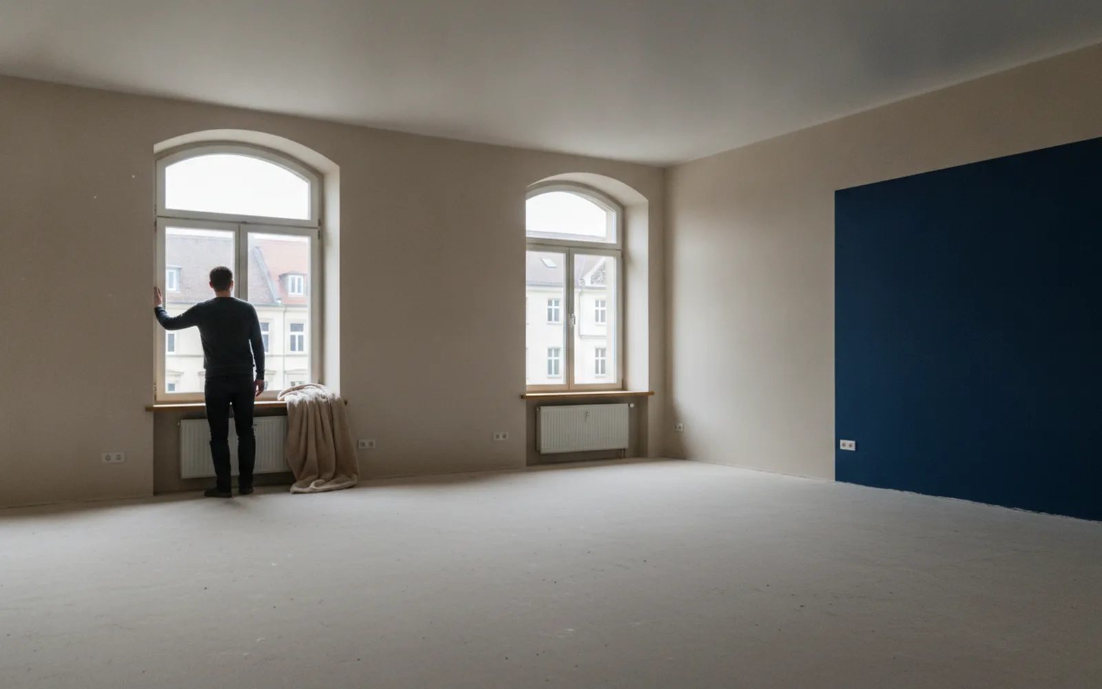 Mann besichtigt eine helle Wohnung: Blick in den Raum