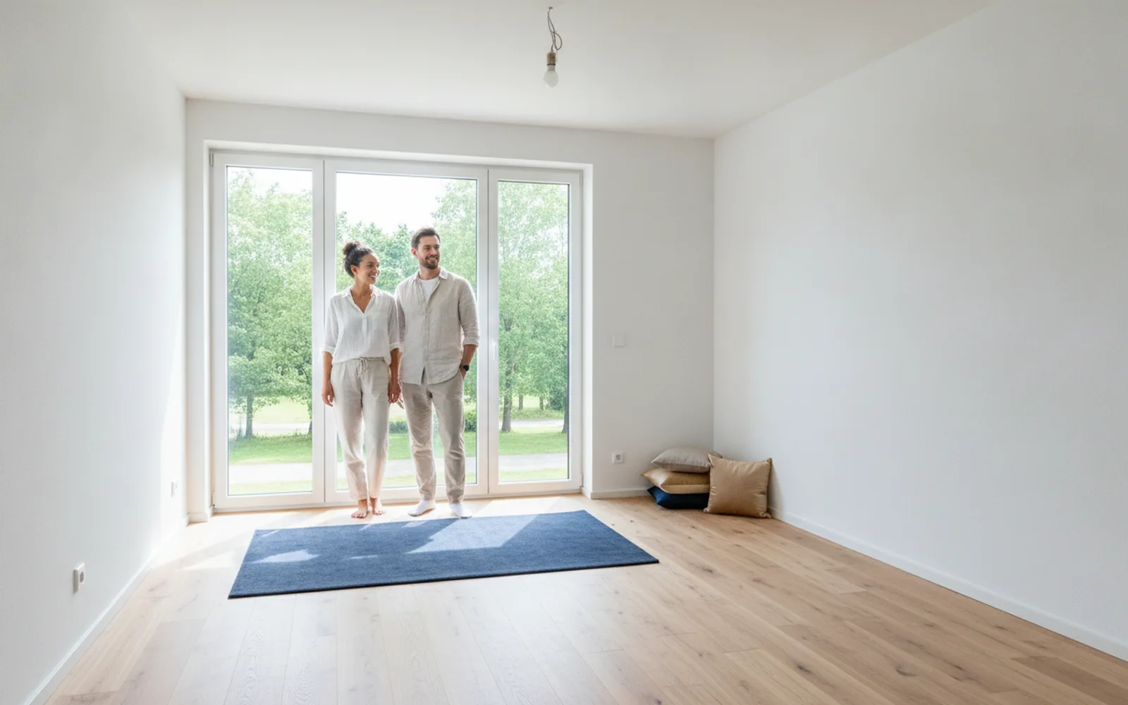 Helles, renoviertes Wohnzimmer einer Mietwohnung: Blick in den Raum