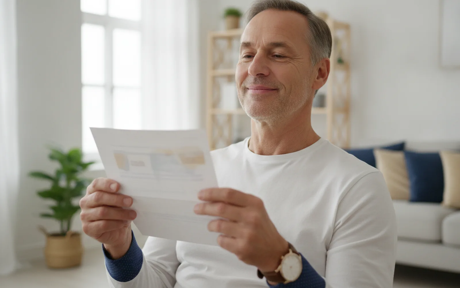 Mann liest zufrieden einen Brief: Details
