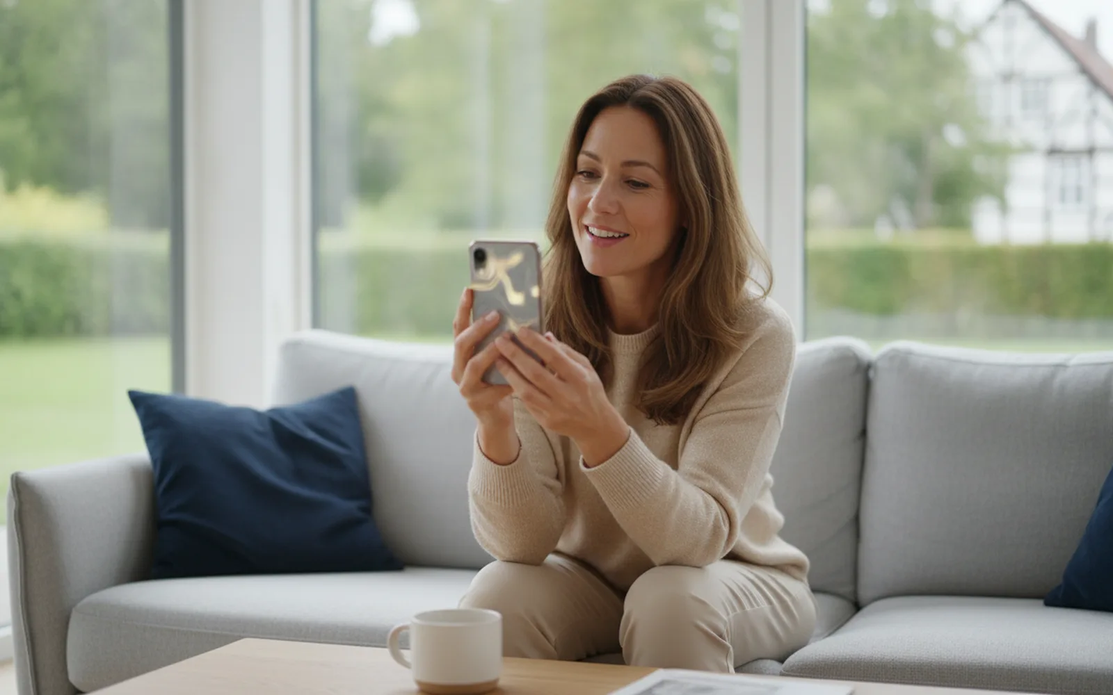 Frau freut sich über eine Nachricht auf dem Handy: Details