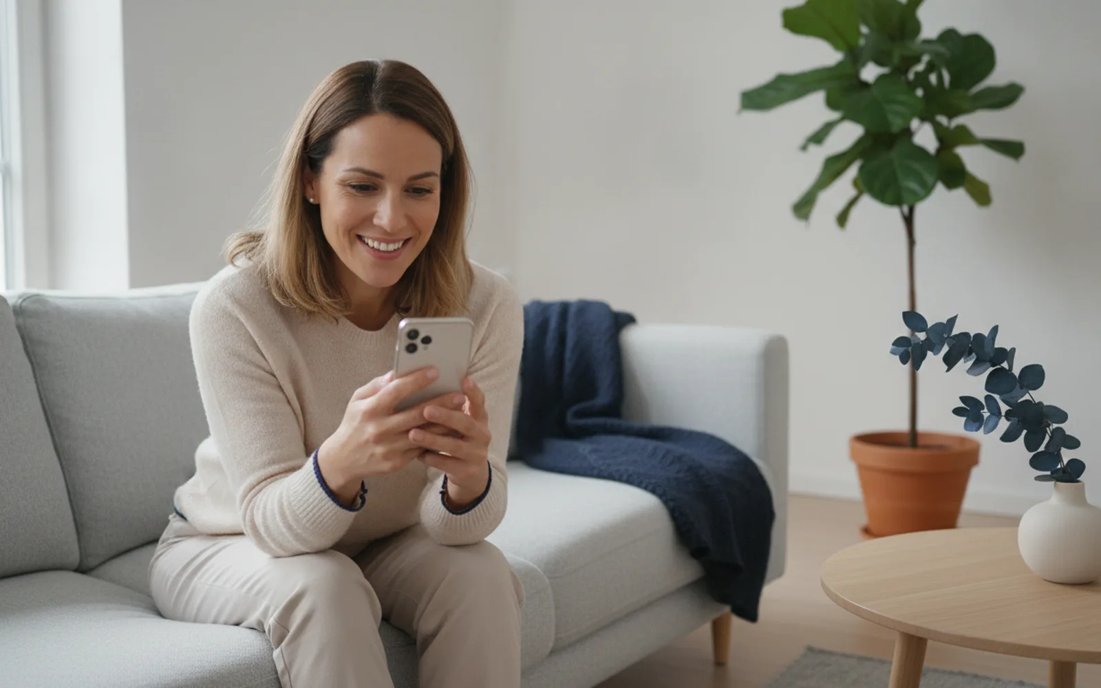 Frau freut sich über eine Nachricht auf dem Handy: Blick in den Raum