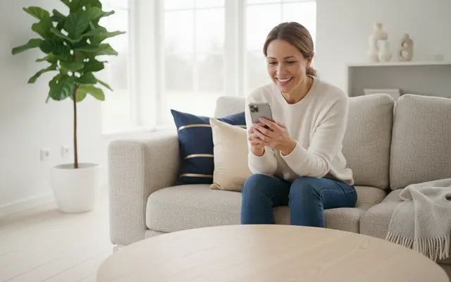 Frau freut sich über eine Nachricht auf dem Handy