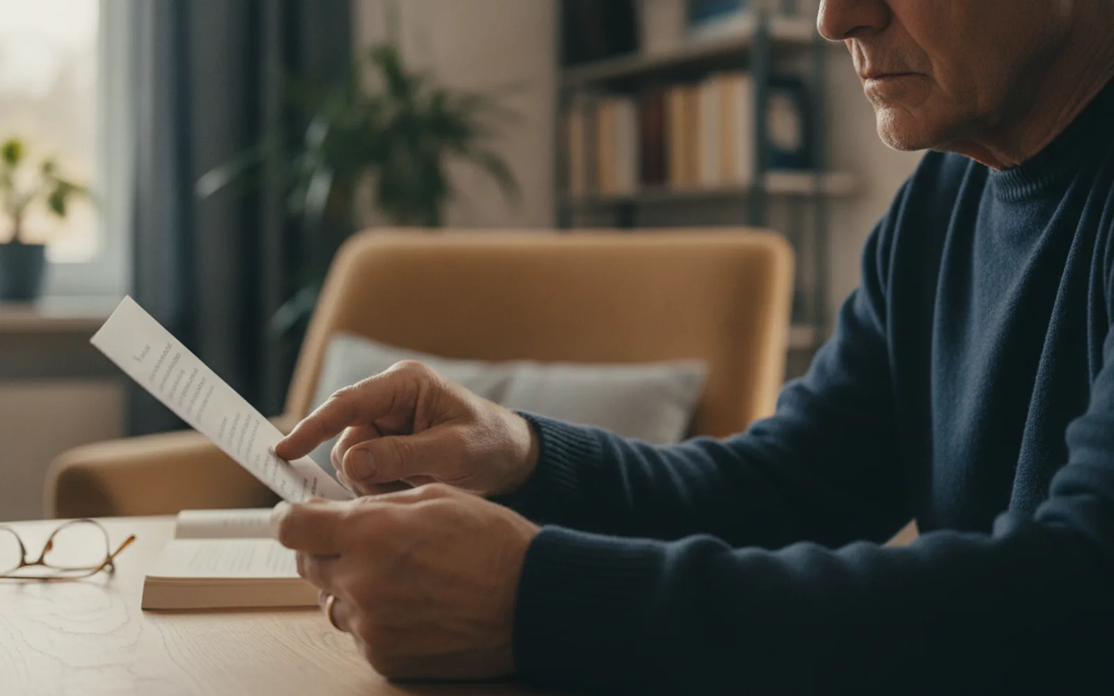 Mann um die sechzig liest einen Brief der Versicherung: Details