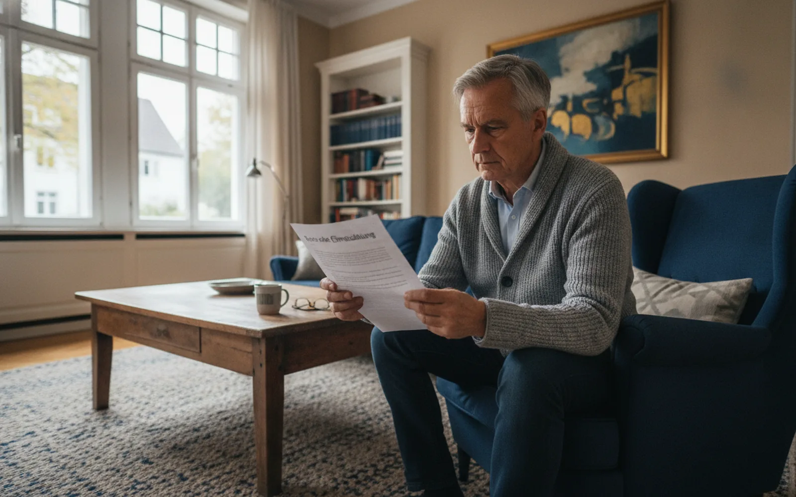 Mann um die sechzig liest einen Brief der Versicherung: Blick in den Raum