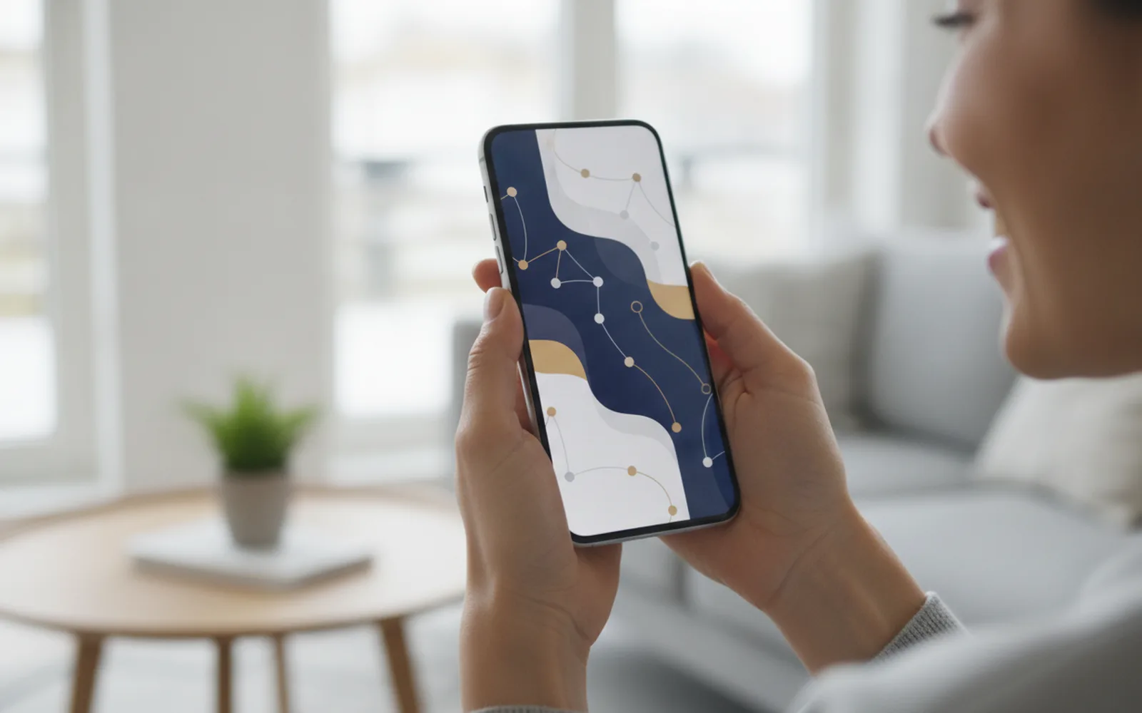 Hand hält Smartphone mit Anlage-App: Details