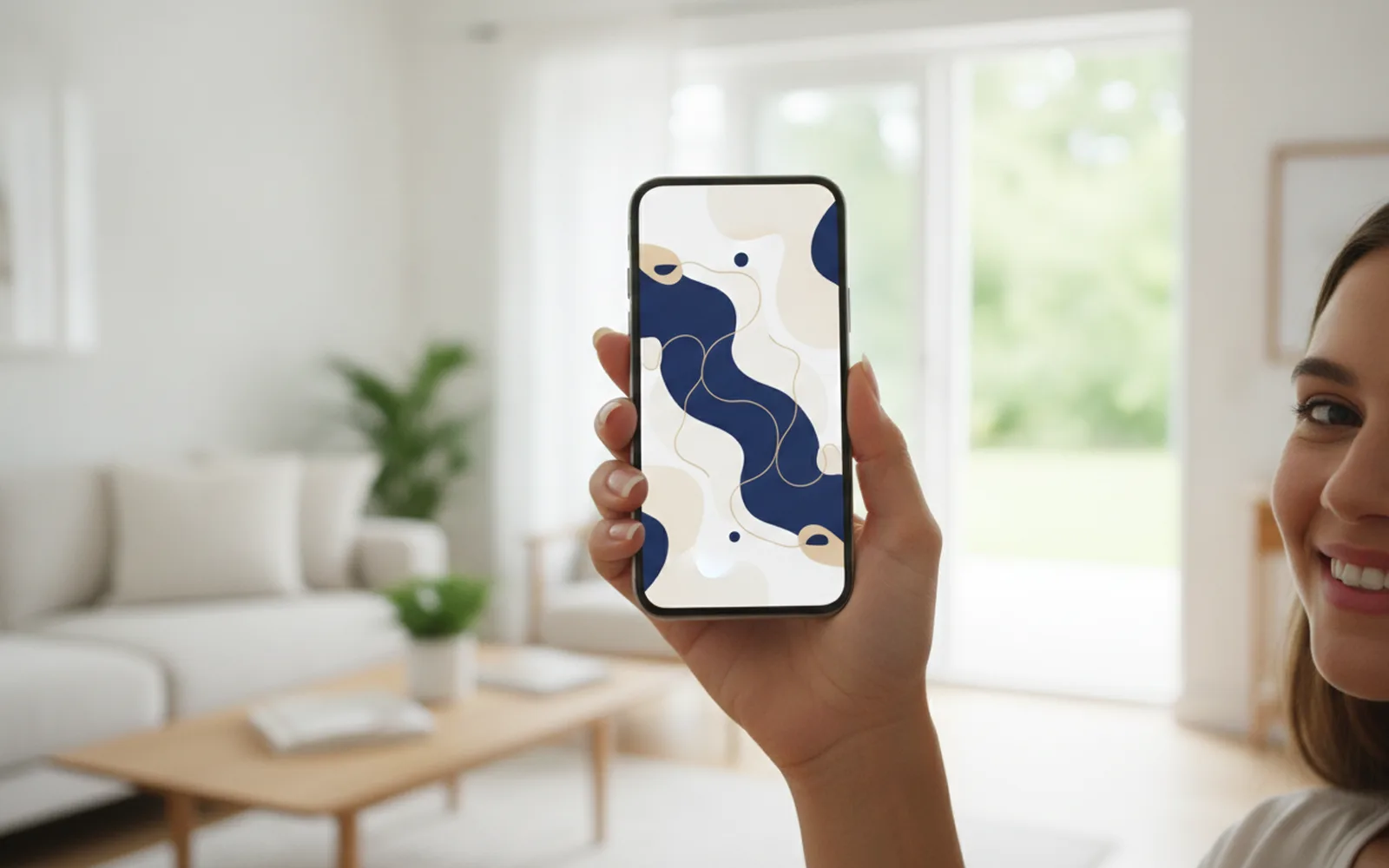 Hand hält Smartphone mit Anlage-App: Blick in den Raum