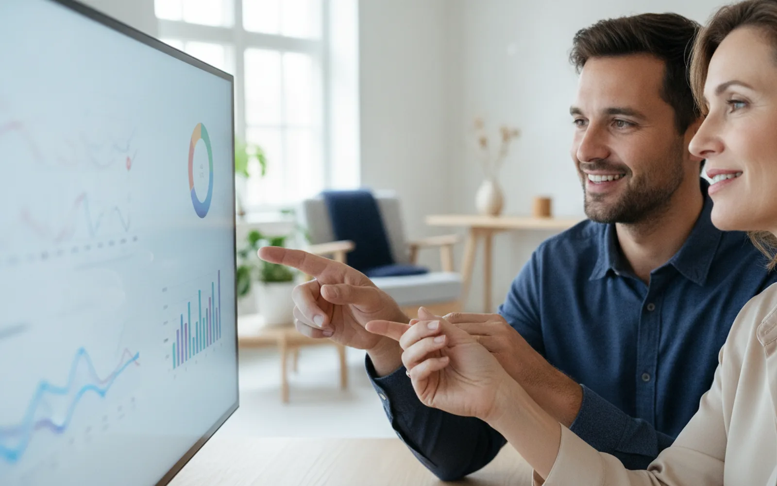 Beraterin und Kunde betrachten Diagramme am Bildschirm: Details