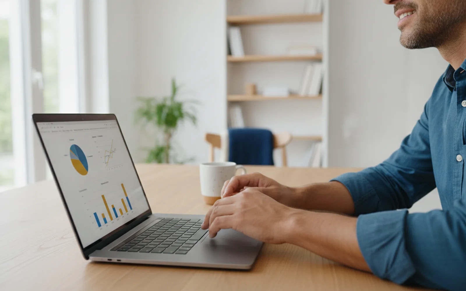 Mann wägt Optionen am Laptop ab: Details