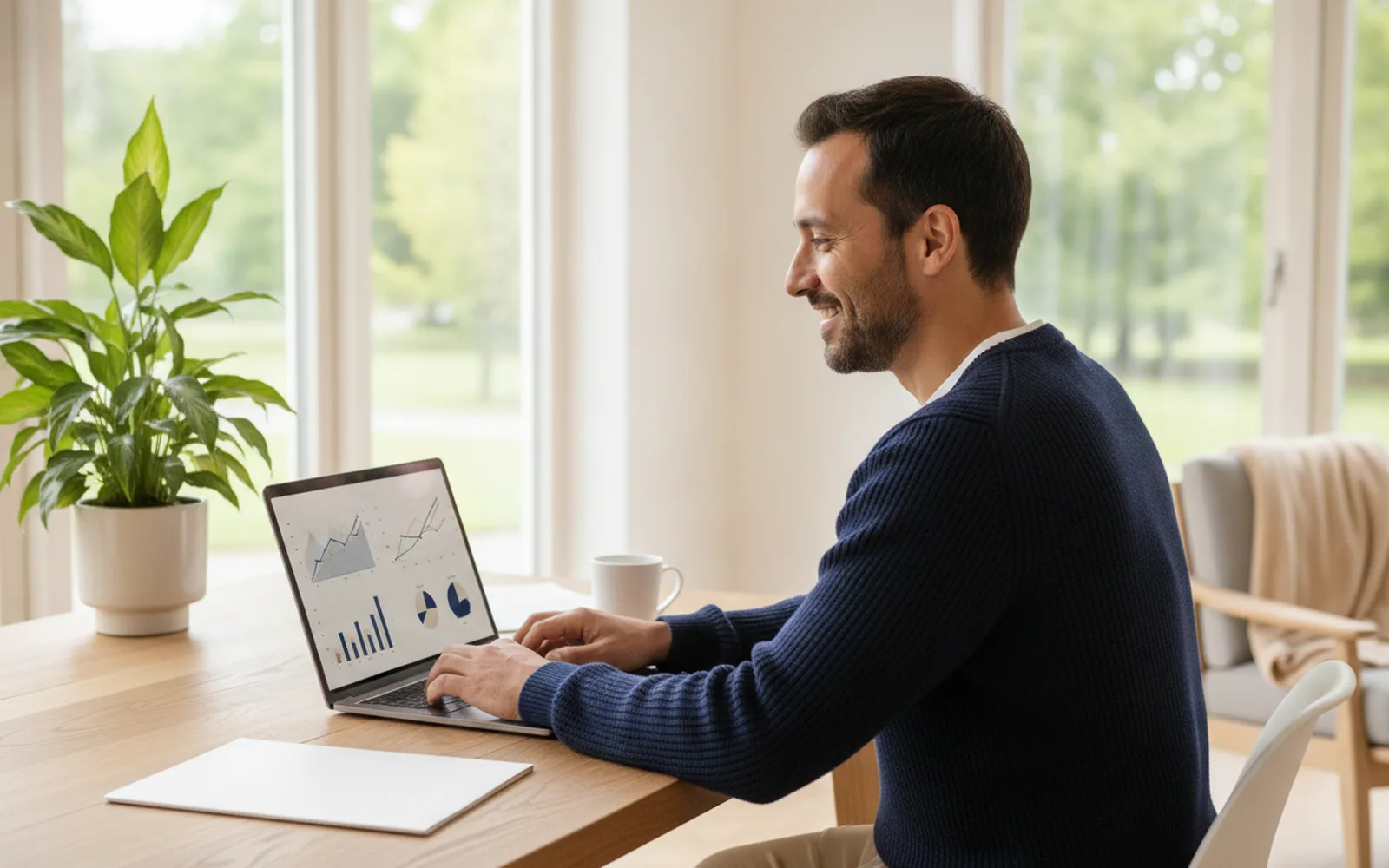 Mann wägt Optionen am Laptop ab: Blick in den Raum