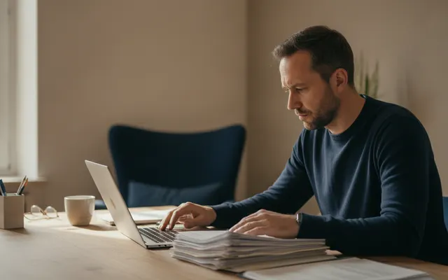 Mann wägt Optionen am Laptop ab