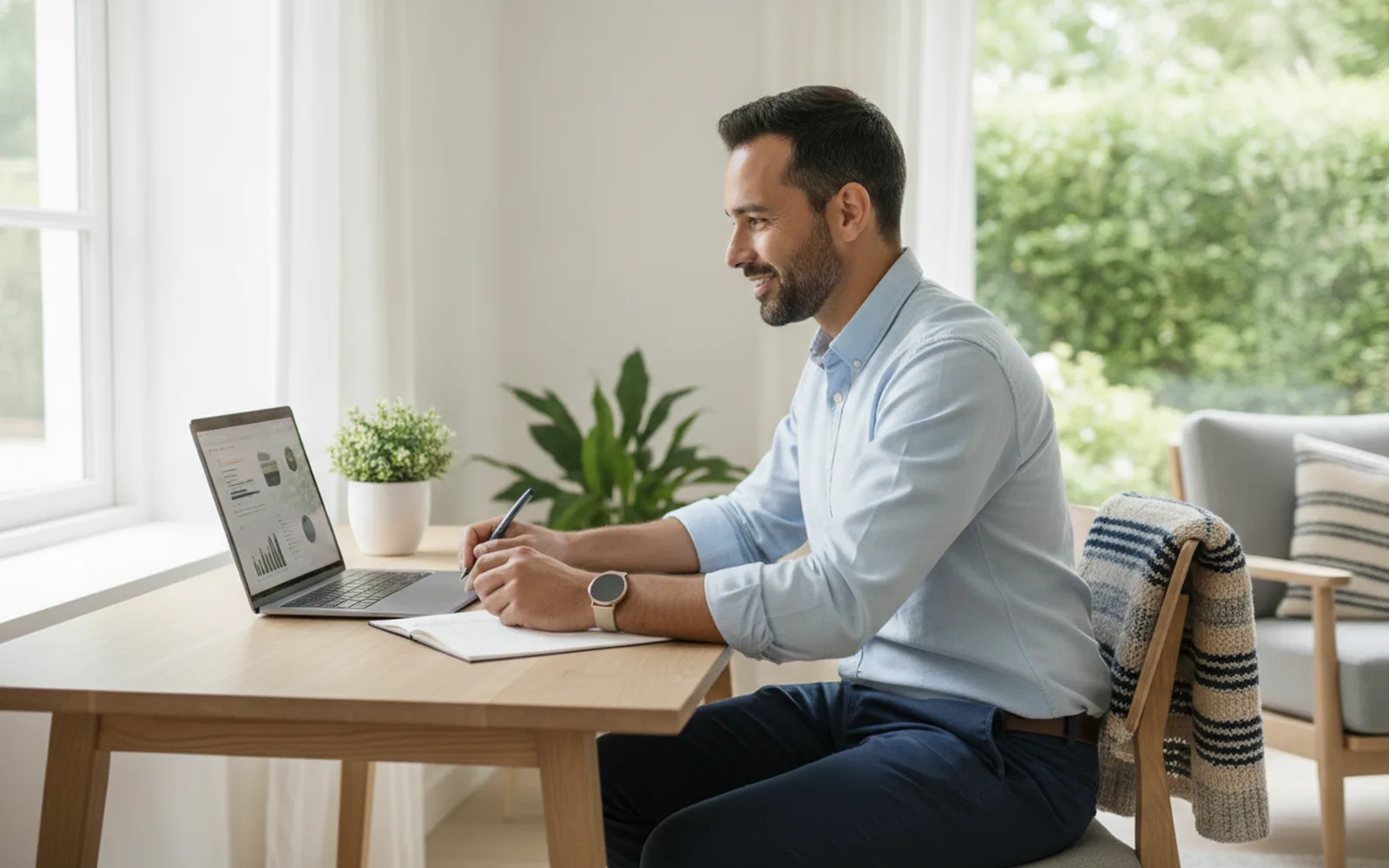 Mann wägt Optionen am Laptop ab