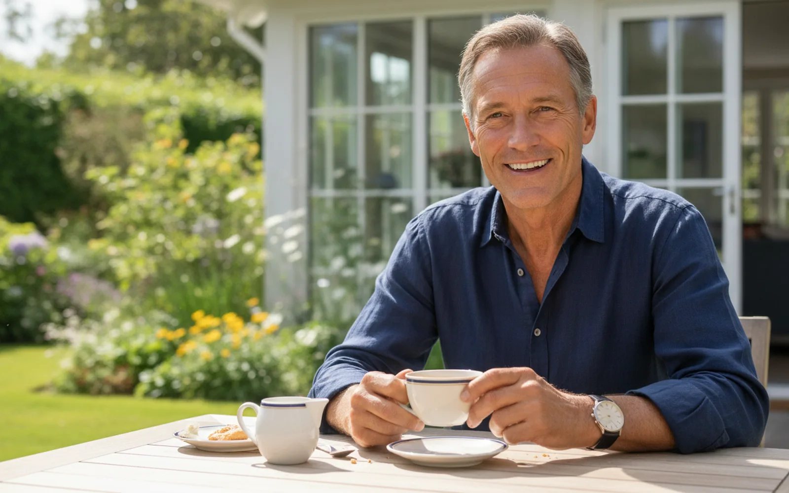 Mann genießt den Kaffee auf der Terrasse: Details