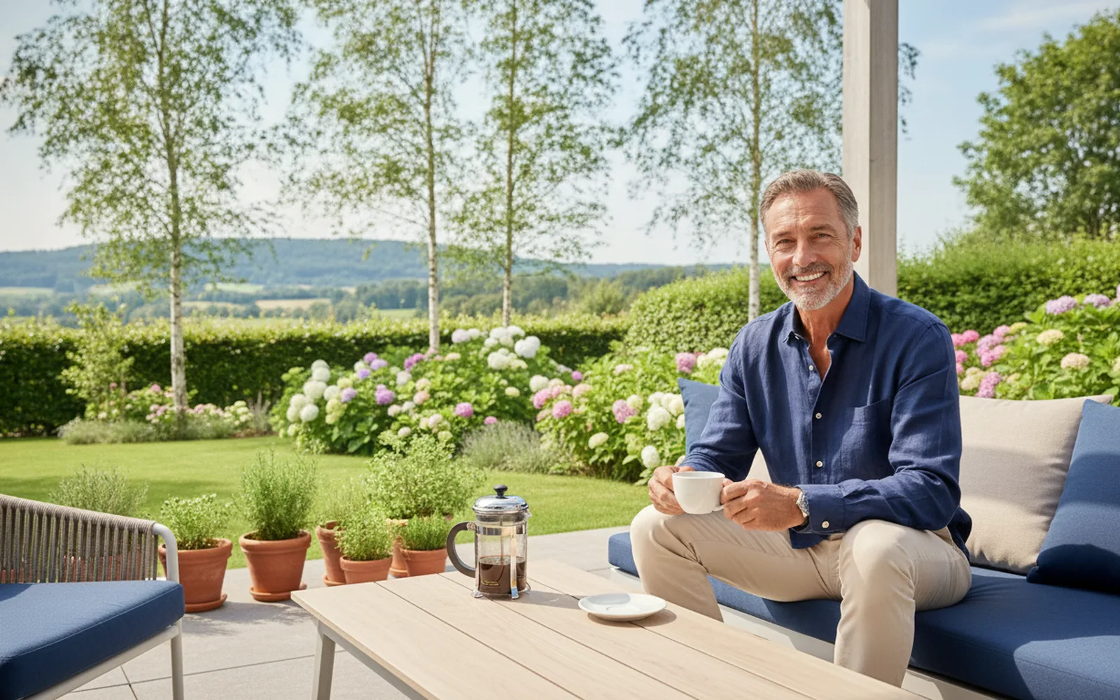 Mann genießt den Kaffee auf der Terrasse
