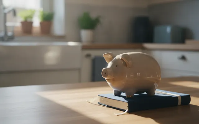 Sparschwein und Haushaltsbuch auf dem Tisch