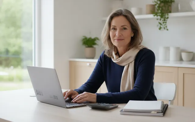 Frau Anfang fünfzig rechnet am Küchentisch mit Laptop und Taschenrechner