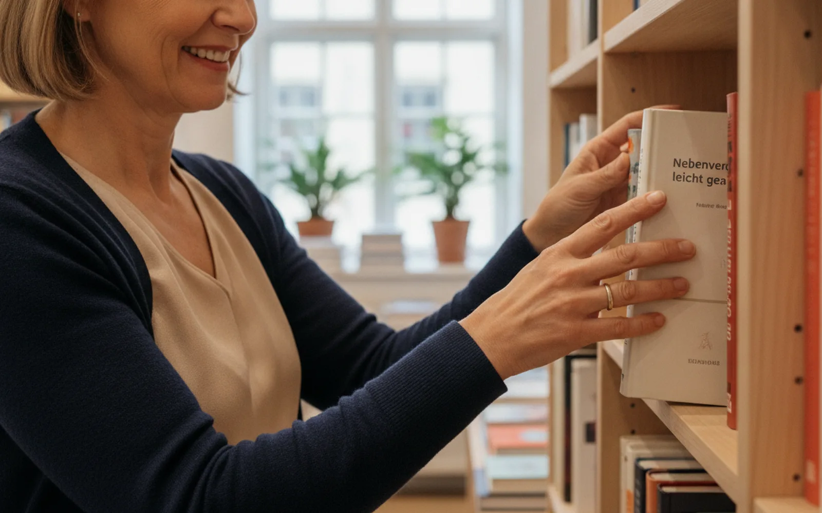 Frau Anfang fünfzig arbeitet im Minijob in einer hellen Buchhandlung: Details