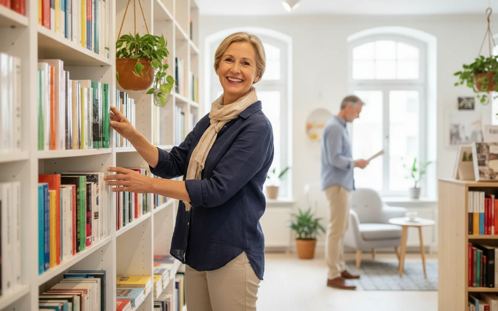 Frau Anfang fünfzig arbeitet im Minijob in einer hellen Buchhandlung: Überblick