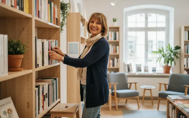 Frau Anfang fünfzig arbeitet im Minijob in einer hellen Buchhandlung